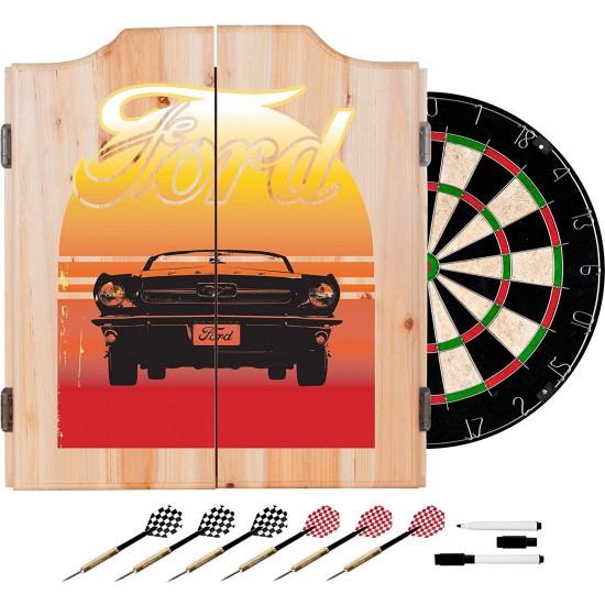 Dart Cabinet Set with Darts and Board - Mustang Red Yellow Wood