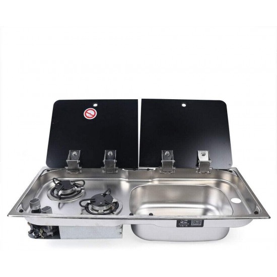 DYRABREST Gas Camping Stove 2 Burners Boat RV Caravan LPG Gas Stove Hob with Sink Combo,Glass Lid, Cooktop Stove for RV Caravan,Motorhome,Boat,Camping 30.5"x14.4"x5.9"/4.7"