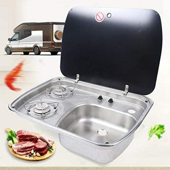 Eapmic 2 Burner Gas Stove Hob and Sink Combo with Glass Lid for Boat Caravan RV Camper Portable 2 Burners LPG Gas Stove Countertop Gas Hob Dual Fuel Cooktops Gas Cooker
