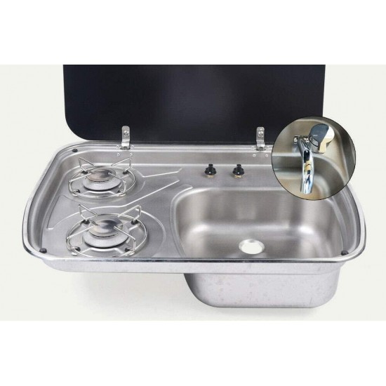 Gdrasuya10 Boat RV Caravan Camper 2 Burner Gas Stove Hob and Sink Combo Faucet with Glass Lid USA Stock