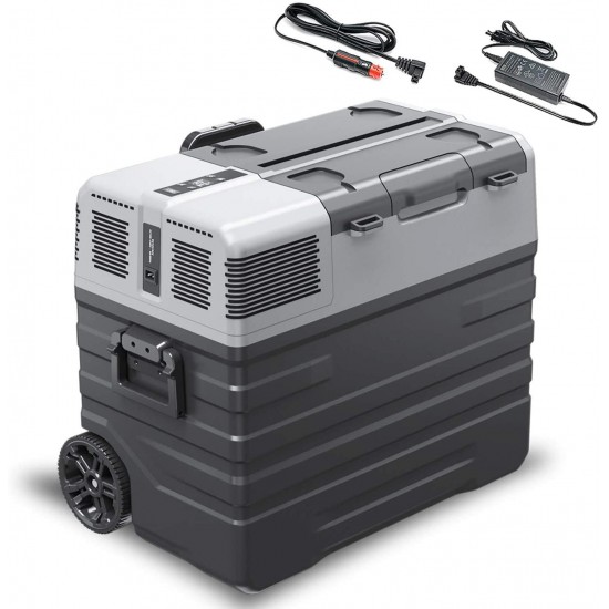 Longtime Heavy Duty Rugged Portable Fridge Cooler with Freezer for RV, Boat, Trucker AC/DC for Travel, Fishing, Outdoors & Camping (52L w/Battery)