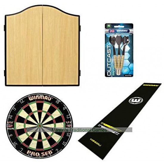 Masters Traditional Games Pub Darts Bundle - Cabinet, Dartboard, Oche Mat and Darts Set (Beech Cabinet)