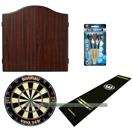 Masters Traditional Games Pub Darts Bundle - Cabinet, Dartboard, Oche Mat and Darts Set (Dark red-Brown Finish Cabinet)