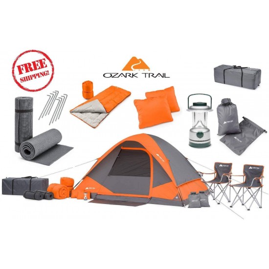OZARK Trail Family Cabin Tent (Gray/Orange, 4 Person (22 Piece Combo Set))
