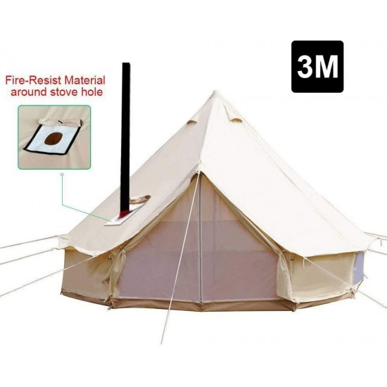 PlayDo 3M/9.8ft 4 Season Cotton Canvas Bell Tent Camping Yurt Tent Huning Wall Tent with Top Stove Hole for 2 Person