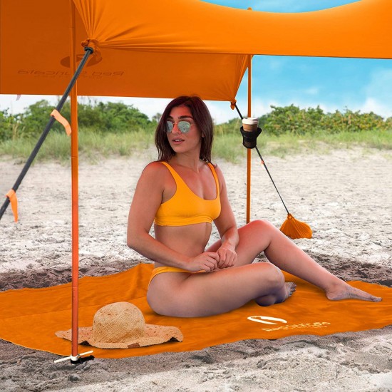 Red Suricata Family Beach Sunshade, Matching Sand Free Beach Mat Blanket & 2 Beverage Holders Bundle - Sun Shade Canopy | UPF50 UV Protection | Tent with 4 Alum Poles & 4 Anchors (Large, Orange)
