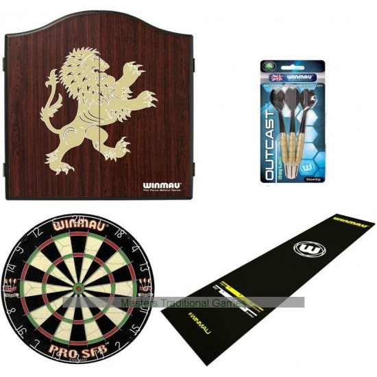 Pub Darts Bundle - Cabinet, Dartboard, Oche Mat and Darts Set (Lion Cabinet)
