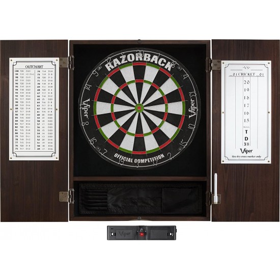 Viper Metropolitan Solid Wood Cabinet & Sisal/Bristle Dartboard Ready-to-Play Bundle with Steel-Tip Darts, Integrated Storage, Dry Erase Scoreboard & Out-Chart in Multiple Stain Options