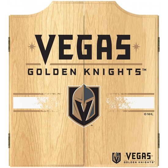 Trademark Global Dart Board Cabinet Set- Vegas Golden Knights Dartboard Game Includes 6 Steel Tip Darts, Scoreboard & Hanging Wood Cupboard