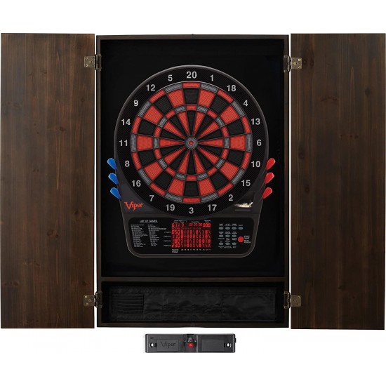 Viper Metropolitan Solid Wood Cabinet & Electronic Dartboard Ready-to-Play Bundle with Two Sets of Soft-Tip Darts and Integrated Storage in Multiple Stain Options